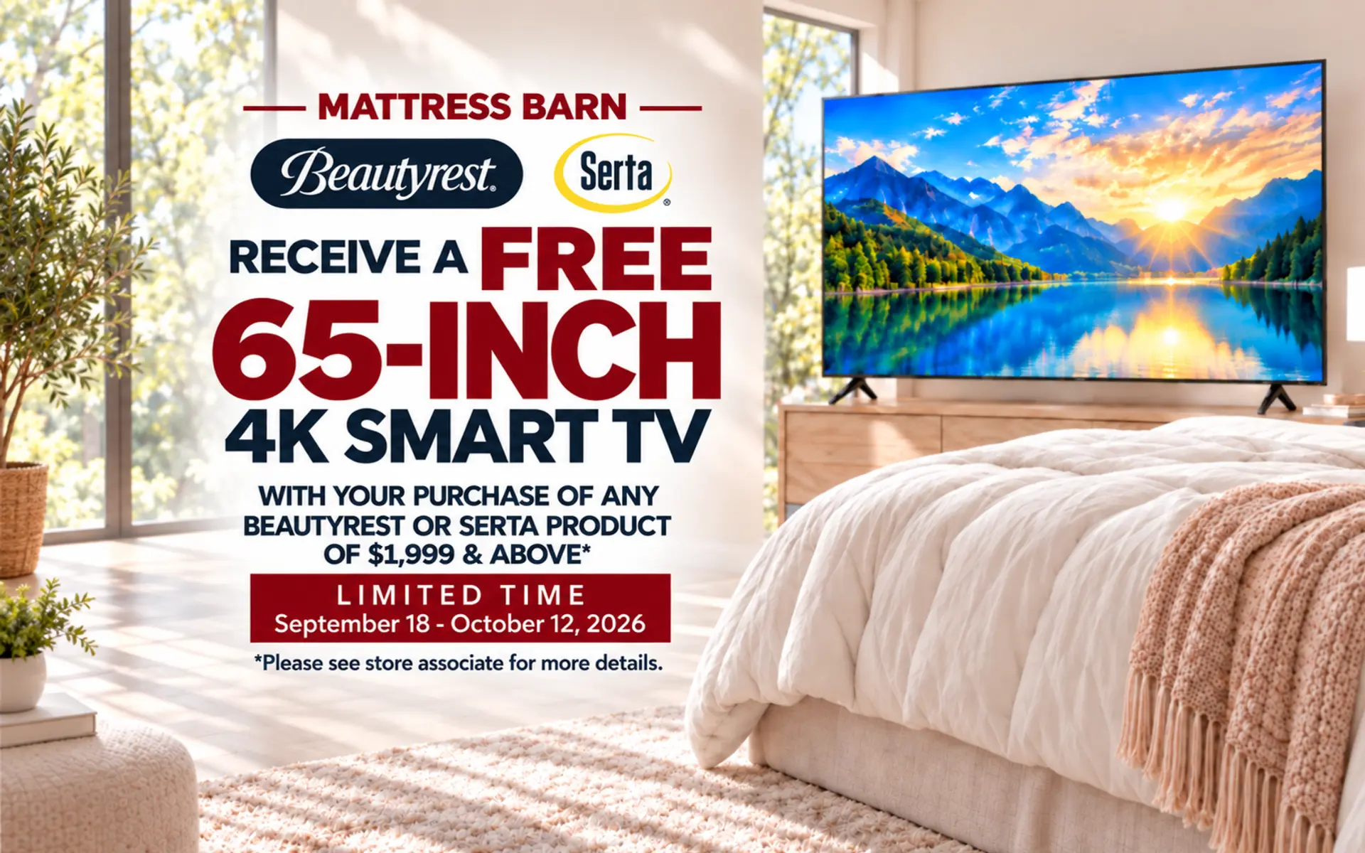 Receive a free 65-inch 4K Smart TV with a qualifying Beautyrest or Serta purchase of $1,999 or more